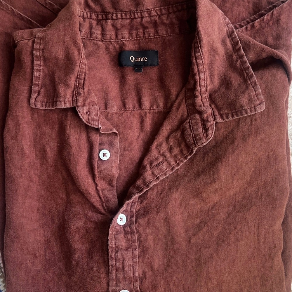 Quince Linen Button Front Shirt XL Mens Short Sleeve Rust Brown Summer Coastal